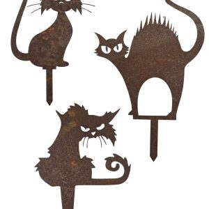 Zdjęcie przedstawia trzy rdzawe koty o śmiesznych minach, które są wbijane w ziemię. Koty są na białym tle.