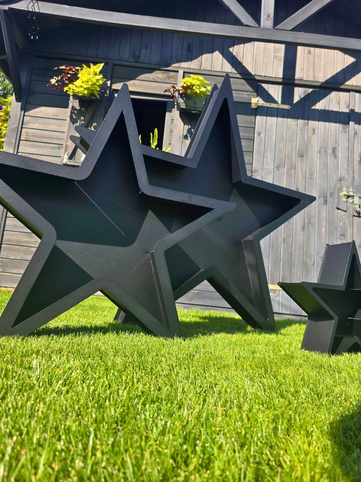 zdjęcie przedstawia gwiazdy bożonarodzeniowe, które można postawić zarówno w domu jak i ogrodzie. Gwiazdy stoją na dwóch ramionach.