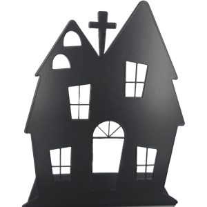 Zdjęcie przedstawia czarny, upiorny domek na Halloween. Ozdoba metalowa na Halloween jest wklejona na białe tło.