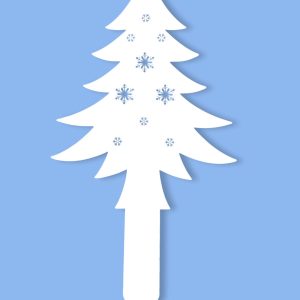 Zdjęcie przedstwia wycięty kształt choinki wraz ze szpikulcem do wbicia. Wklejona jest na błękitne tło, żeby lepiej było widać kształt ozdoby.