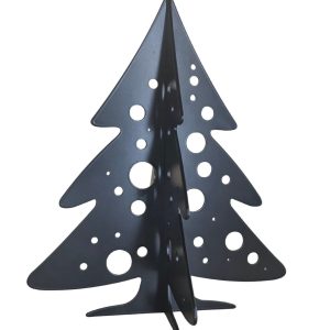 Zdjęcie przedstawia metalową choinkę 3D. Choinka jest czarna i ma wycięte ażurowe okręgi.