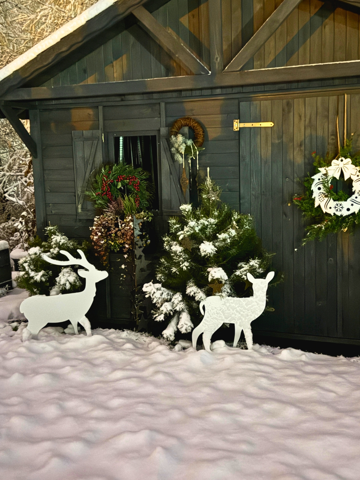 Zimowa scena przed drewnianą szopą: na śniegu stoją dwie białe sylwetki jeleni, obok ośnieżone zielone krzewy i świąteczne wieńce na ścianie.